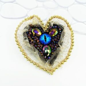 Handmade Pin Heart Brooch Animal Eye Rhinestones